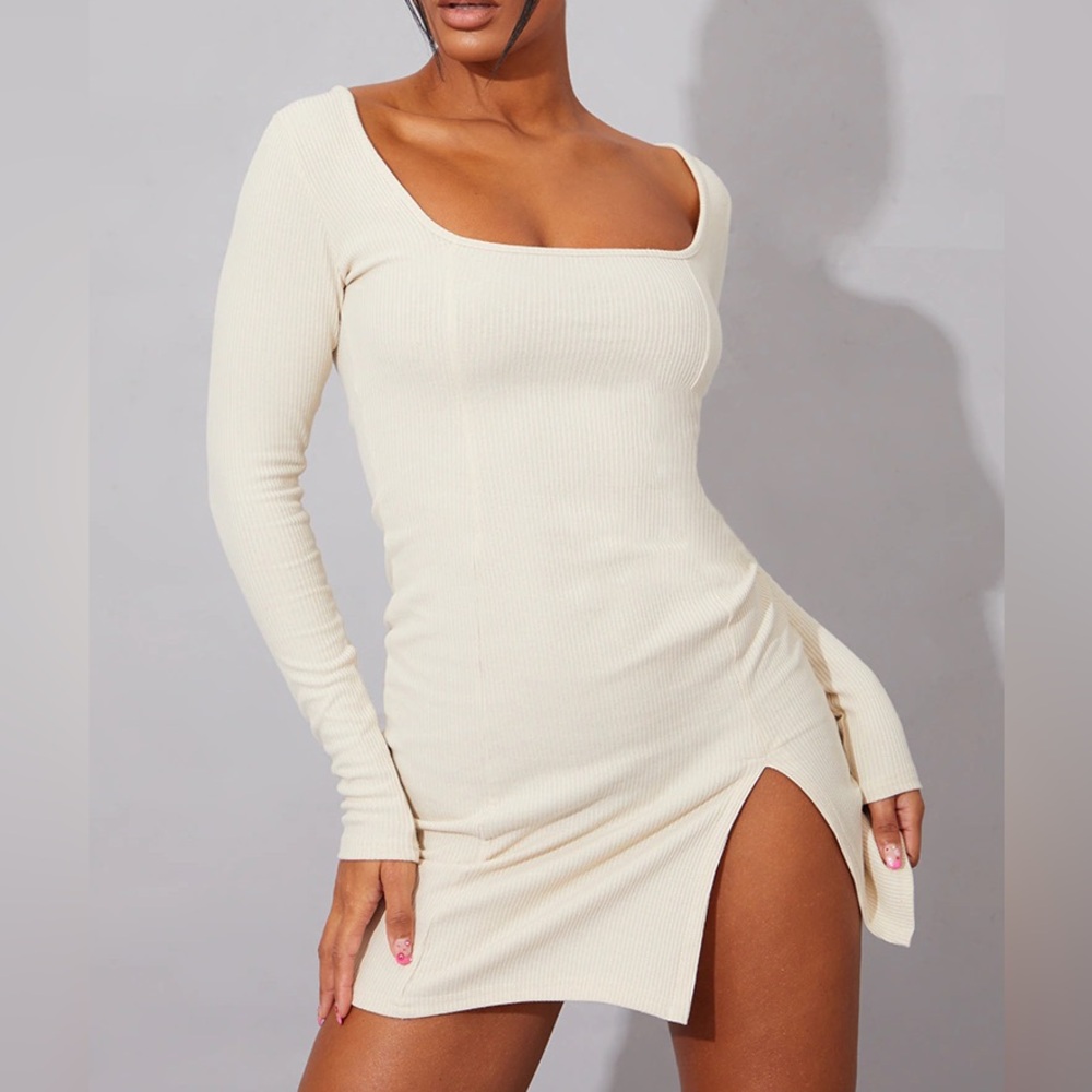 Cream Ribbed Spilt Hem Dress